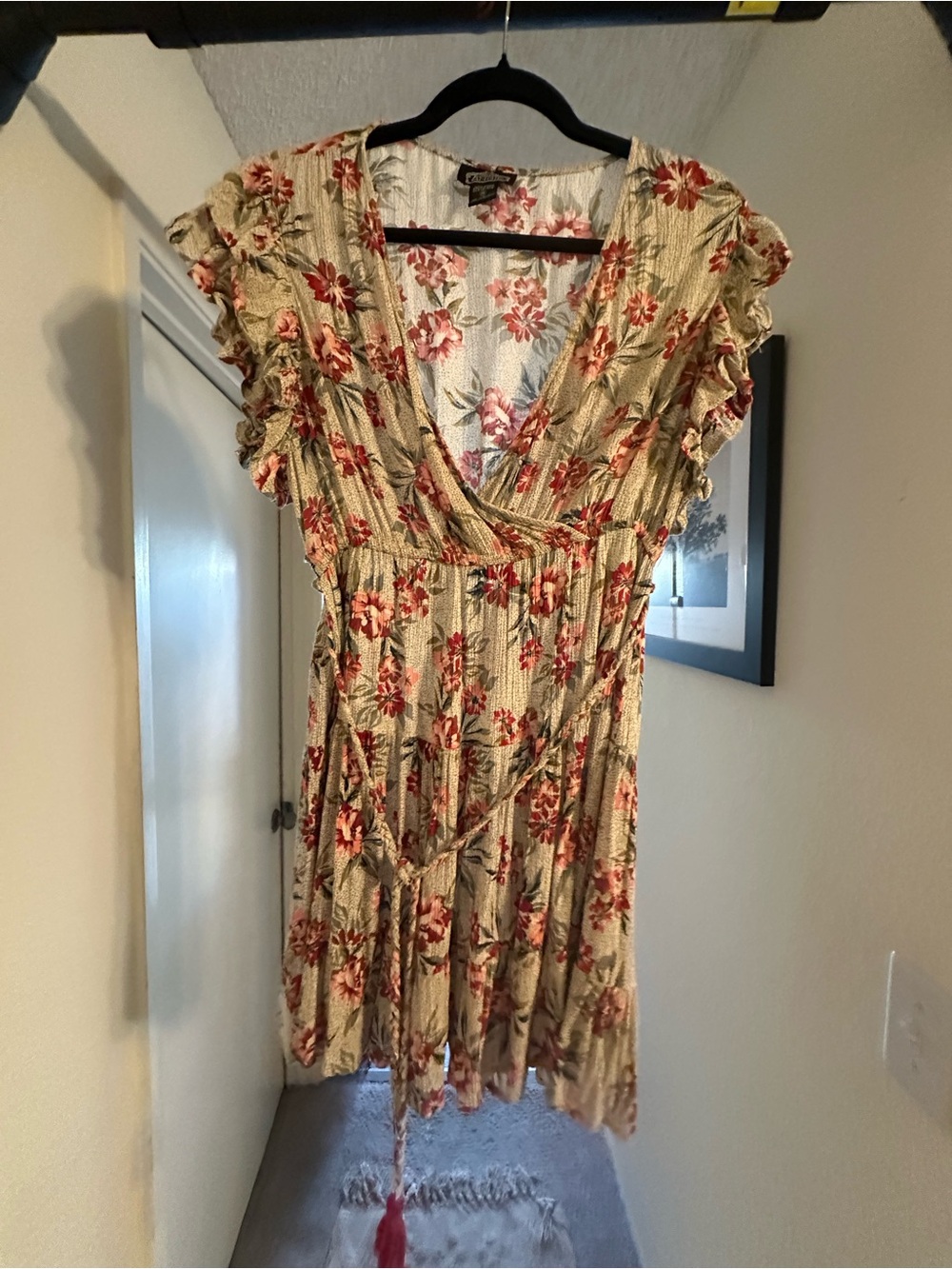 Angie Beige Floral V-Neck Smocked Waist Tunic